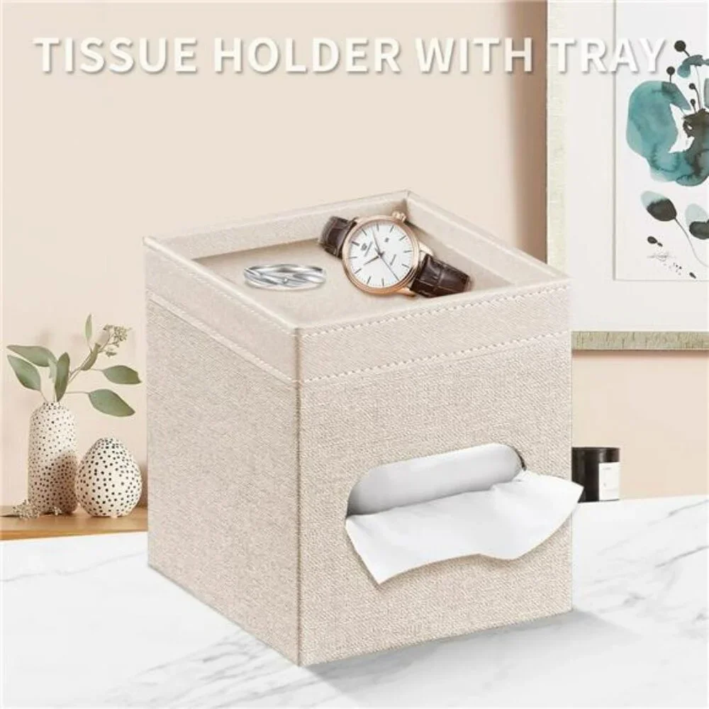 PU leather tissue box cover with storage tray bathroom bedroom office organizer